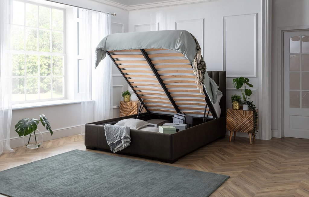 Space-saving storage bed with visible open compartments for easy access